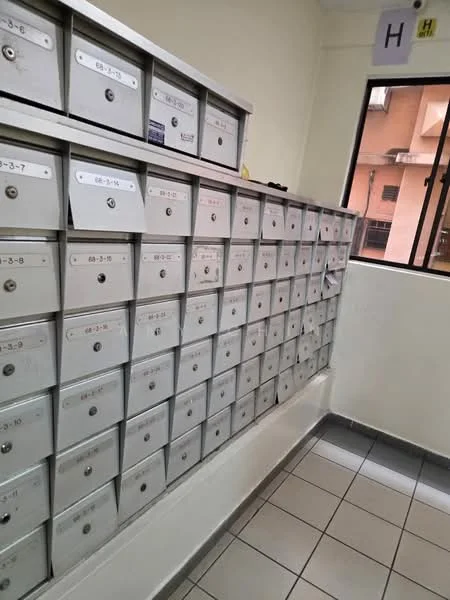Room features: metal mailboxes, silver finish, row of mailboxes, wall-mounted, tile flooring, neutral wall color, window with view, natural light; style: modern.
