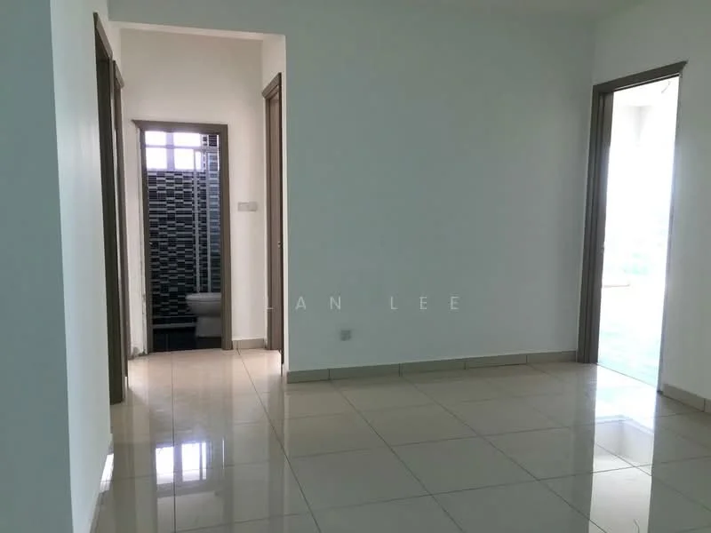 Room features: white painted walls, glossy tile flooring, doorway leading to bathroom, doorway leading outside, neutral color scheme, natural light from windows, no visible furniture, modern design; style: modern.