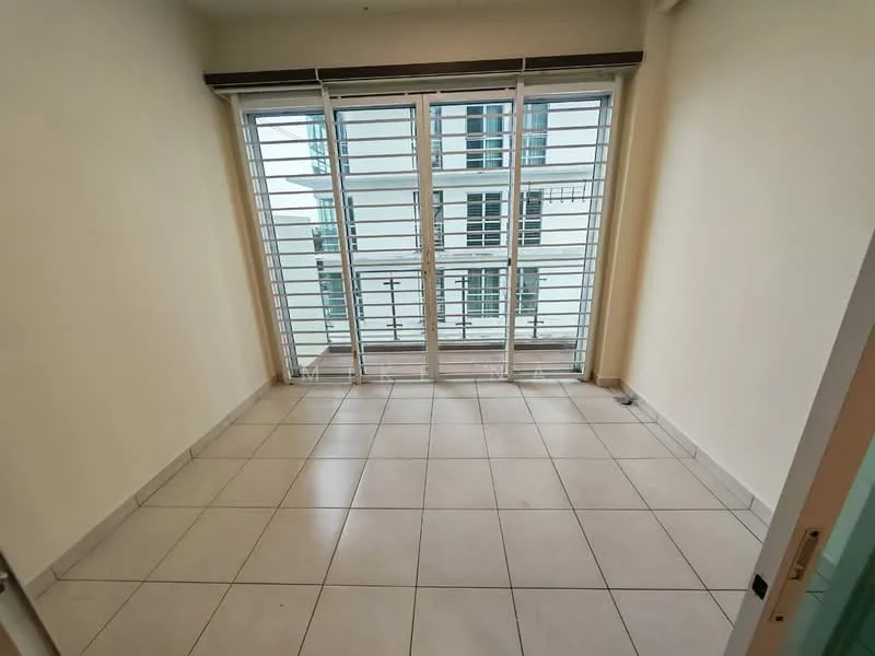 Room features: white painted walls, tile flooring, large windows with horizontal slats, natural light, neutral color scheme, no visible furniture, corner room, view of exterior, high ceiling; style: modern; view: city.