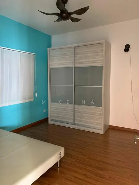 Bedroom features: blue accent wall, white painted walls, laminate flooring, ceiling fan, built-in wardrobe with sliding doors, window with sheer curtains, single bed frame, decorative wall sconce; style: modern.