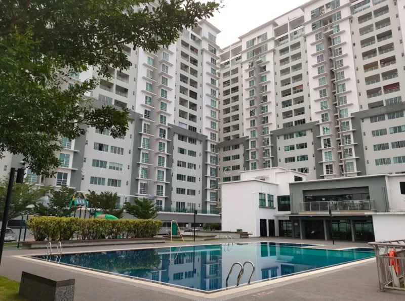 Exterior type: high-rise condominium; features: swimming pool, pool deck with loungers, children's playground, landscaped garden, manicured lawn, multiple-storey building, glass facade, balconies on upper floors, outdoor seating area, surrounded by greenery; style: modern.
