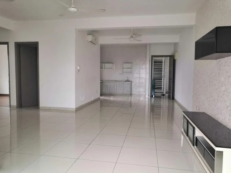 Living features: white painted walls, glossy ceramic tile flooring, ceiling fan, wall-mounted TV console, air conditioning unit, open layout, large windows, neutral color scheme; style: modern. Room features: white painted walls, glossy ceramic tile flooring, ceiling fan, wall-mounted shelves, open layout.