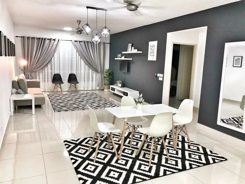 Living features: grey accent wall, white painted walls, recessed downlights, 5-blade ceiling fan, floor-to-ceiling windows with sheer curtains, black and white geometric area rug, white dining table with wooden legs, 4 white dining chairs, light grey sofa, decorative wall shelves, framed artwork on walls, potted plant; style: modern.