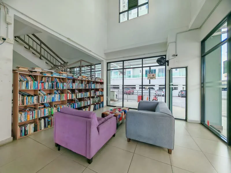 Living features: high ceiling, large windows, natural light, grey fabric sofa, purple fabric sofa, colorful area rug, wooden bookshelf filled with books, tile flooring, ceiling fan, open layout, view of outdoor area; style: modern; view: courtyard.