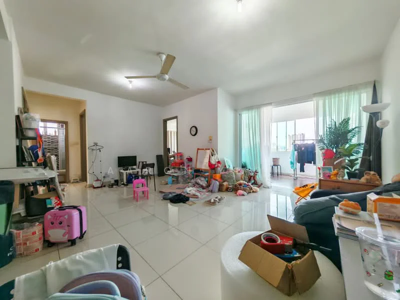 Living features: white painted walls, glossy white tile flooring, 5-blade ceiling fan, large sliding glass door, floor-to-ceiling windows, curtains, sofa, coffee table, television, decorative plants, various children's toys and items scattered, storage boxes, area rug.