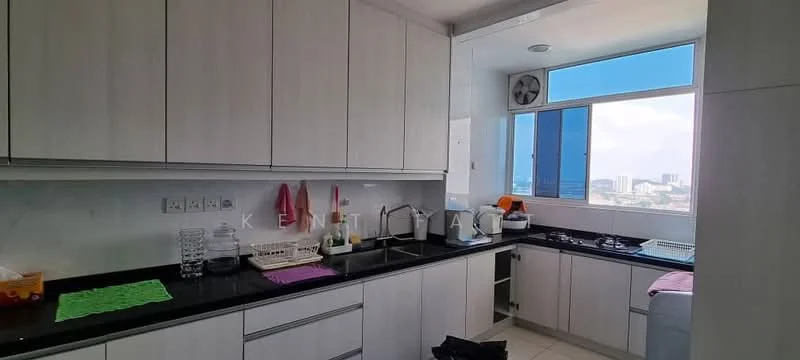 Kitchen features: white cabinetry, black granite countertop, stainless-steel sink, chrome pull-down faucet, built-in oven, 4-burner gas hob, refrigerator, window with city view, wall-mounted exhaust fan, tile backsplash, ceramic tile flooring, open shelving, kitchen utensils, dish rack, kitchen towels; style: modern; view: city.