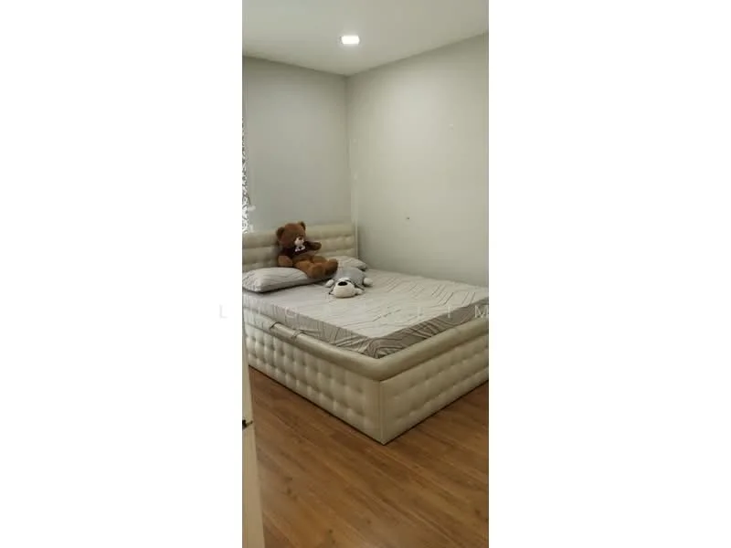 Bedroom features: queen-size bed, upholstered headboard, wooden flooring, neutral wall colour, decorative teddy bear, decorative plush toy, window with sheer curtains, ceiling light fixture; style: modern.