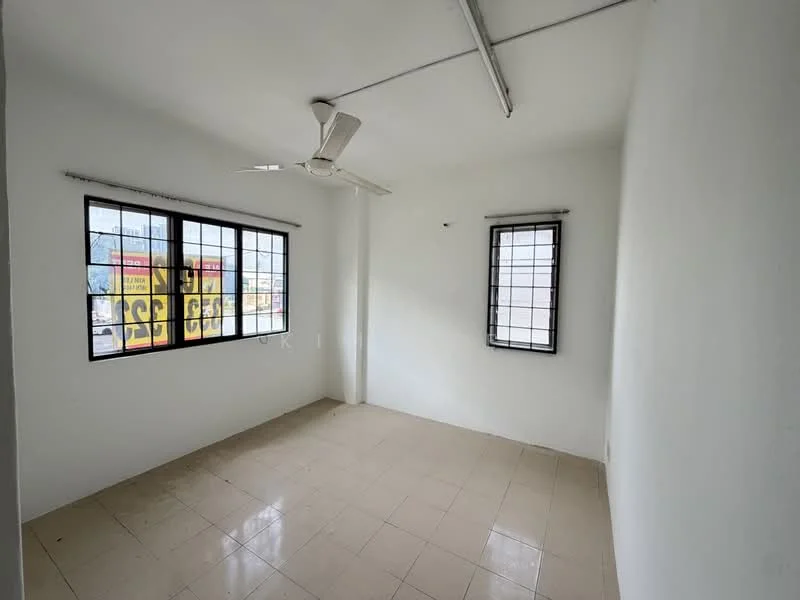 Room features: white painted walls, tile flooring, 2 windows with grid pattern, ceiling fan, light fixture, no visible furniture, neutral color scheme, corner room; style: minimalist; view: city.