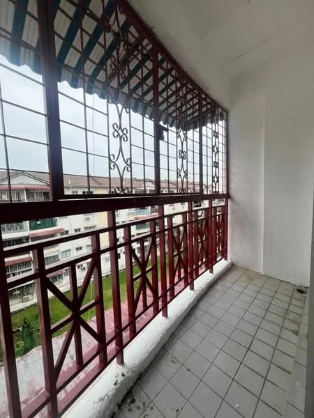 Room features: tiled flooring, red metal railing, white walls, overhead awning, view of surrounding buildings, open balcony space, sliding window, concrete wall; style: modern; view: garden.