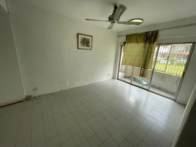 Living features: white painted walls, ceramic tile flooring, 5-blade ceiling fan, floor-to-ceiling windows, sliding glass door, sheer curtains, balcony access, natural light; view: garden.