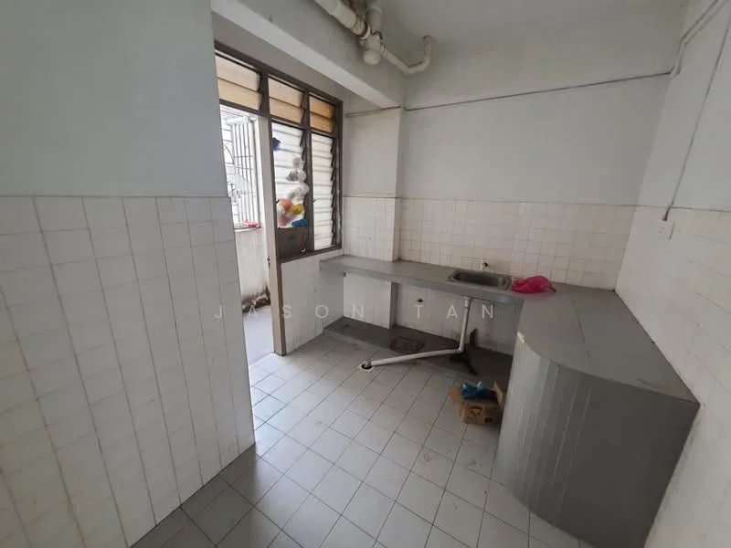 Kitchen features: grey laminate countertop, single-bowl stainless-steel sink, white tiled walls, white tiled flooring, window with metal grille, open layout, corner layout, no visible appliances.