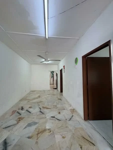 Room features: white painted walls, marble flooring, ceiling fan, door frames, light fixture, hallway, multiple doorways.