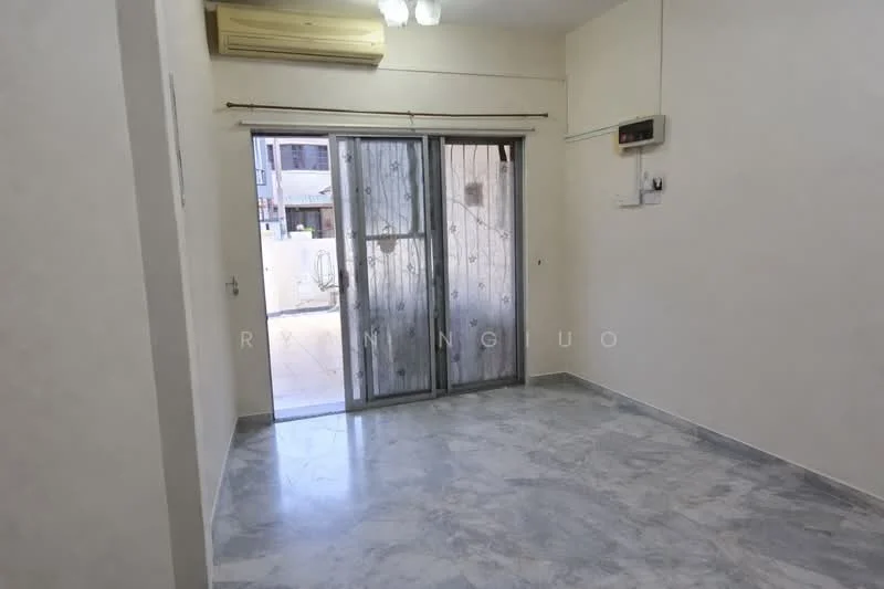 Room features: marble flooring, white painted walls, sliding glass door, wall-mounted split AC, ceiling lights, window with security grille.
