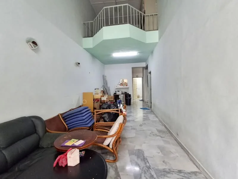 Room features: marble flooring, light grey painted walls, ceiling with recessed lighting, sofa set, coffee table, open space layout, decorative wall sconces, storage boxes, doorway leading to another room; style: modern.