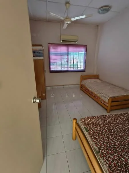 Bedroom features: two single beds with wooden frames, white walls, ceiling fan, window with red blinds, built-in wardrobe, tile flooring, air conditioning unit.