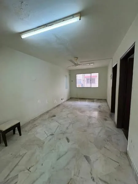 Room features: white painted walls, marble flooring, ceiling fan, fluorescent lighting, window with grid, doorway leading to another room, empty space, no visible furniture.