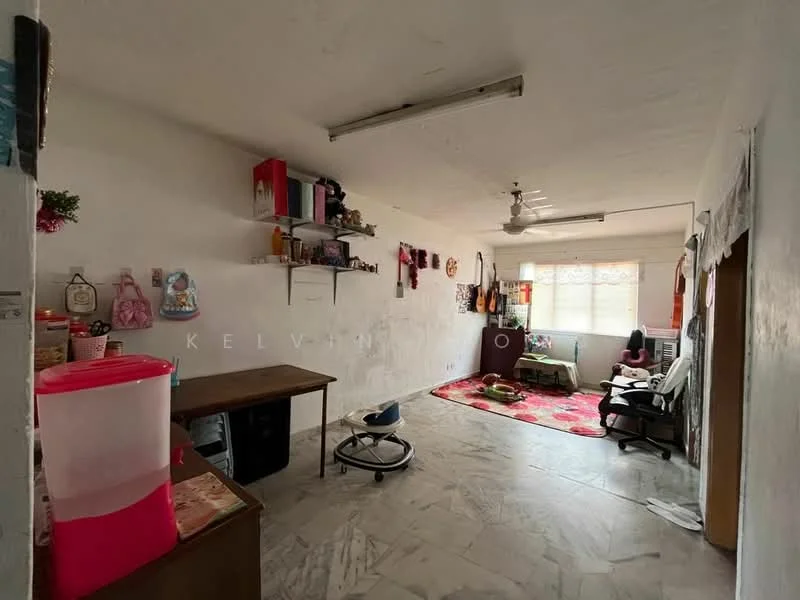 Room features: white painted walls, marble flooring, ceiling fan, window with sheer curtains, shelves on walls, area rug with floral pattern, wooden desk, plastic chair, armchair, air conditioning unit, decorative wall hangings, light fixture on ceiling; style: minimalist.
