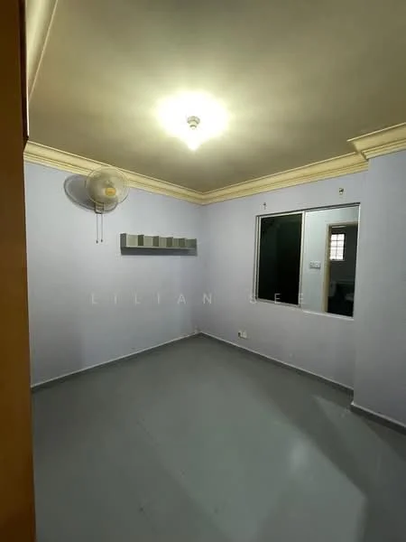 Room features: light grey painted walls, plain ceiling with light fixture, grey vinyl flooring, single window, wall-mounted shelving unit, wall-mounted ceiling fan.