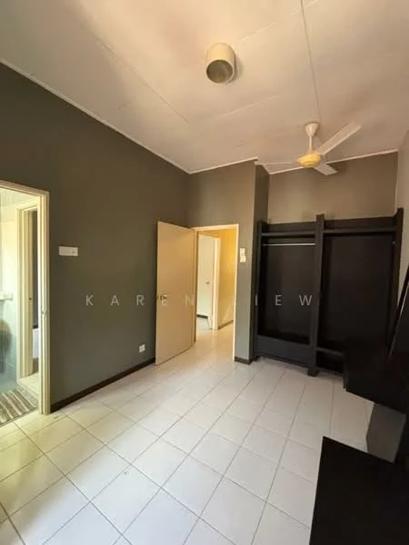 Room features: grey painted walls, white tiled flooring, ceiling fan, built-in wardrobe, door leading to another room, door leading to bathroom, window with natural light, light fixture on ceiling.
