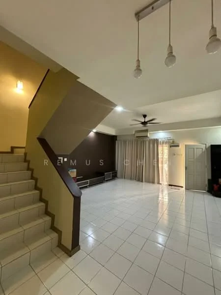 Living features: white tiled flooring, cream painted walls, grey accent wall, 5-blade ceiling fan with light, recessed downlights, curtains, staircase with wooden railing, wall-mounted TV console, open space layout; style: modern.