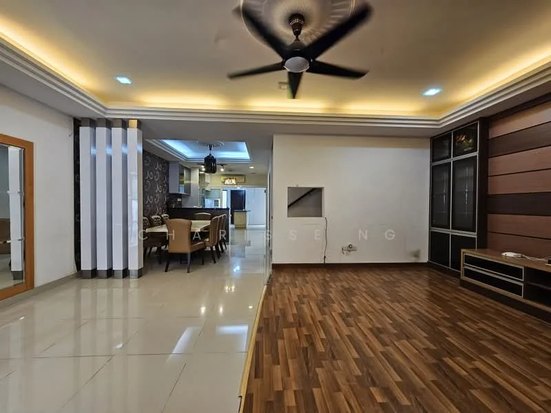 Living features: wooden flooring, white painted walls, recessed downlights, 5-blade ceiling fan with light, TV console, wall-mounted TV, decorative wall paneling, large windows, open layout to dining area; style: modern. Dining features: ceramic tile flooring, white painted walls, dining table with chairs, open layout to living area, decorative wall with wallpaper; style: modern.