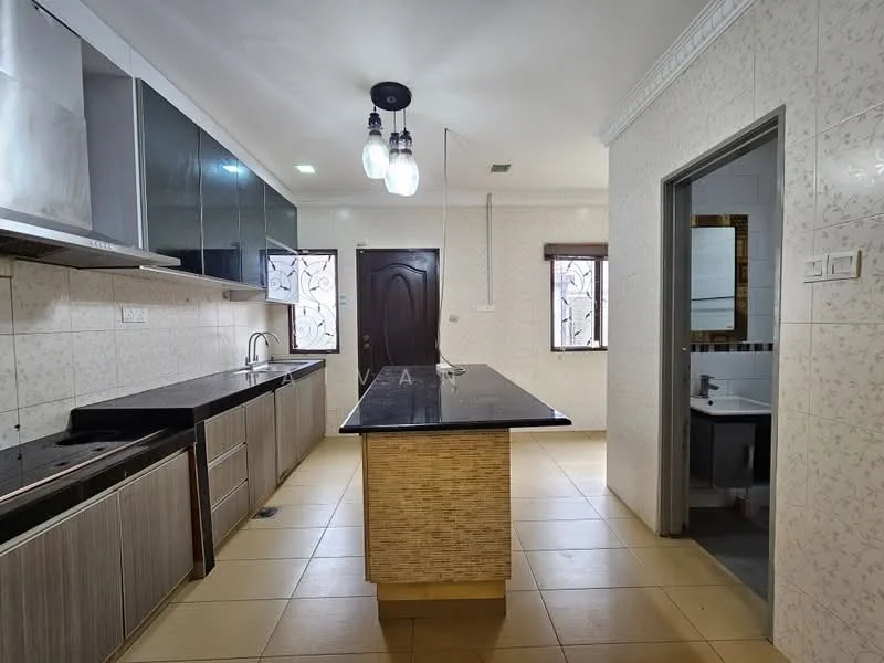 Kitchen features: black granite countertop, kitchen island with storage, stainless-steel sink, chrome pull-down faucet, built-in oven, stainless-steel range hood, cabinets with wood finish, ceramic tile flooring, wall-mounted lighting fixtures, window with decorative grille, neutral wall tiles, recessed ceiling lights; style: modern.