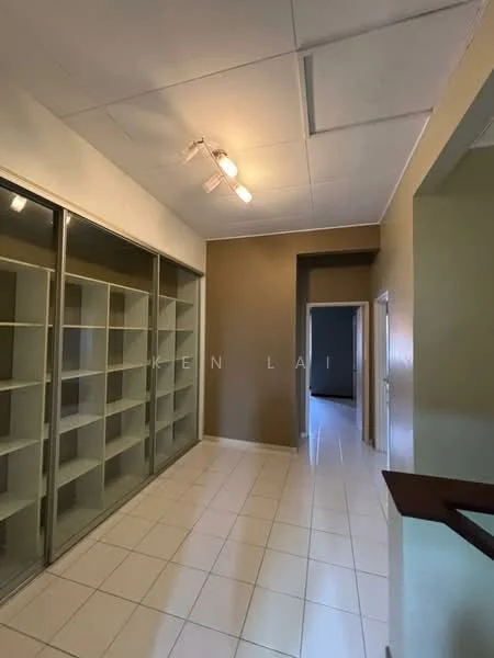 Room features: white tiled flooring, cream painted walls, built-in shelving units, recessed ceiling lights, high ceiling, doorway leading to another room; style: modern.