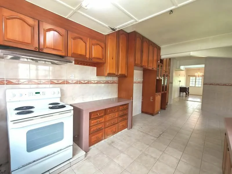 Kitchen features: white freestanding range oven, stainless-steel range hood, wood cabinetry with brown finish, ceramic tile backsplash, laminate countertop, double-basin stainless-steel sink, tile flooring, built-in cabinets, open layout to dining area; style: traditional.