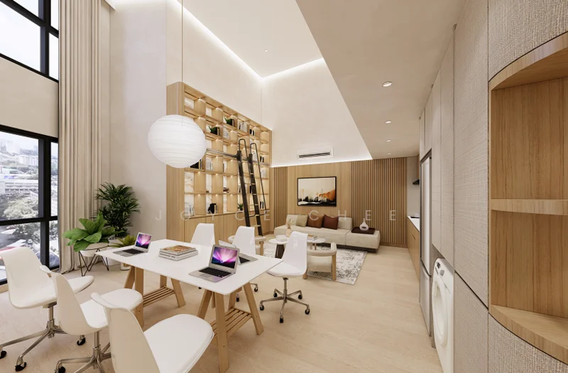 Living features: large floor-to-ceiling windows, light wooden flooring, white painted walls, wooden feature wall, built-in shelving unit, decorative ladder, round paper lantern light fixture, recessed ceiling lights, modern area rug, indoor plant, dining table with white chairs, two laptops on the table, wall-mounted air conditioning unit; style: modern; view: city.