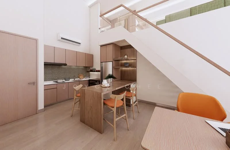 Kitchen features: brown cabinetry, white countertop, stainless-steel fridge, built-in oven, 4-burner gas hob, black and white patterned backsplash, single-bowl stainless-steel sink, chrome pull-down faucet, bar stools, open shelving, wall-mounted split AC, light wood flooring; style: modern.