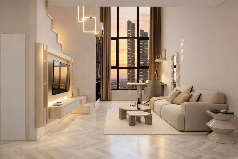 Living features: light wood herringbone flooring, cream painted walls, floor-to-ceiling windows, city skyline view, 3-seater fabric sofa in beige, coffee table with round top, TV console with integrated lighting, wall-mounted TV, decorative floor lamp, pendant lighting fixtures, area rug with geometric pattern, decorative wall art, side table with curved design; style: modern; view: city.
