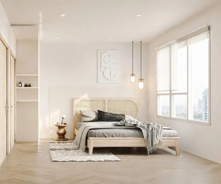 Bedroom features: king-size bed, upholstered headboard with rattan detail, grey bedding, two pendant lights, wooden bedside table, decorative area rug with geometric pattern, floor-to-ceiling windows, white sheer curtains, light wood flooring, white painted walls, built-in shelving unit, wall art; style: modern; view: city.