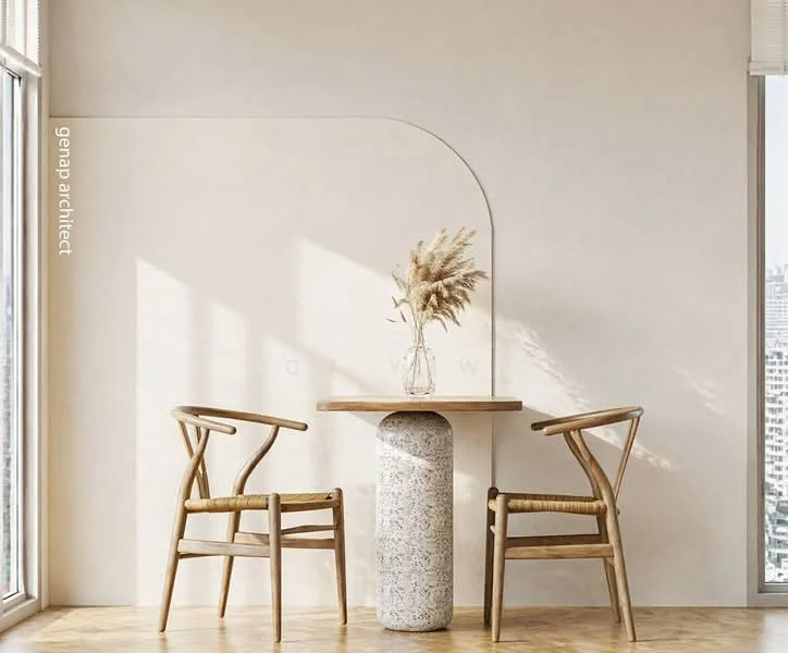 Dining features: round wooden dining table, two wooden chairs with woven seats, textured stone pedestal base, light beige painted walls, large windows with city view, wooden herringbone flooring, decorative dried plants in vase, minimalist decor; style: modern; view: city.