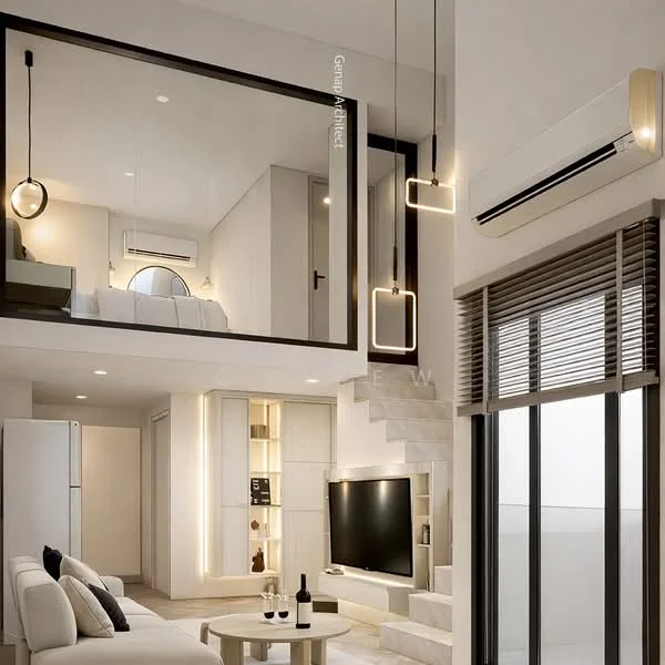 Living features: sofa with light upholstery, coffee table, wall-mounted TV, built-in cabinetry, recessed LED downlights, pendant lighting, air conditioning unit, large windows with horizontal blinds, staircase leading to upper level, decorative wall mirror; style: modern. Room features: white walls, light-colored flooring, open-plan layout.