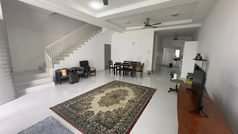 Living features: white painted walls, polished ceramic tile flooring, tray ceiling, 2 ceiling fans, 3-seater fabric sofa in grey, wooden coffee table, TV console, wall-mounted TV, area rug with intricate pattern, dining table with 6 chairs, staircase with wooden railing; style: modern. Room features: open layout, natural light from windows, minimalist decor.