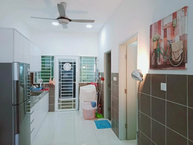 Kitchen features: white cabinetry, stainless-steel fridge, built-in oven, 4-burner gas hob, single-bowl stainless-steel sink, chrome pull-down faucet, grey tiled backsplash, white tiled flooring, ceiling fan with light, recessed LED downlights, window with security grille, open shelving, decorative wall art; style: modern.