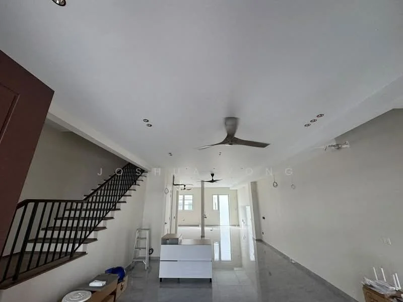 Room features: white painted walls, polished tile flooring, 5-blade ceiling fan with light, recessed downlights, staircase with wooden steps, open layout, large windows for natural light, neutral color scheme; style: modern.