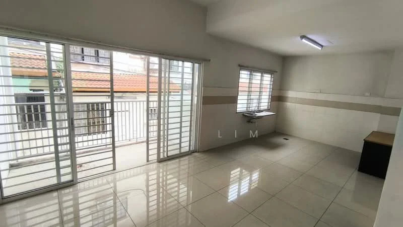 Room features: white painted walls, glazed ceramic tile flooring, sliding glass door, window with horizontal bars, light fixture on ceiling, countertop, open layout, natural light from windows; style: modern; view: courtyard.