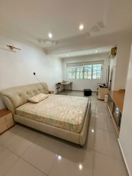 Bedroom features: queen-size bed with upholstered headboard, white painted walls, glossy tile flooring, recessed downlights, window with sheer curtains, study desk, wooden bedside tables, built-in wardrobe, air conditioning unit; style: modern.