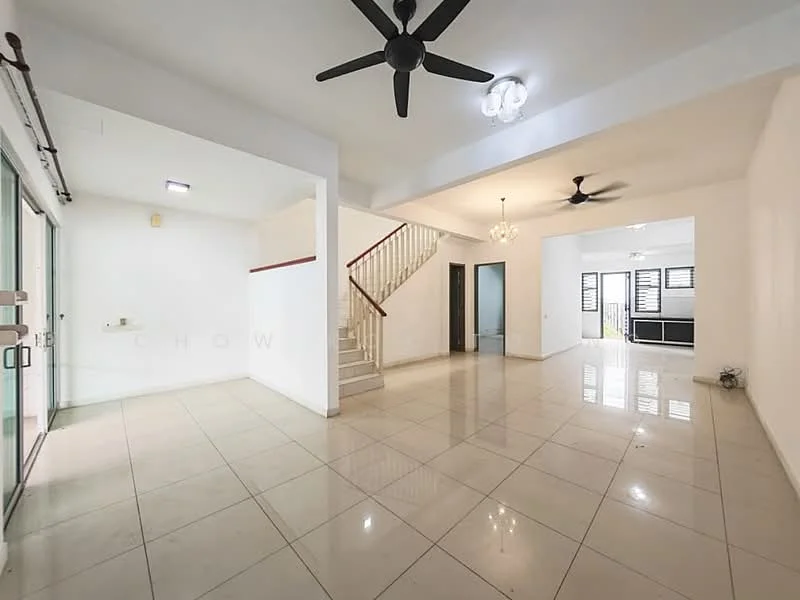 Living features: white painted walls, glossy ceramic tile flooring, 5-blade ceiling fan, recessed downlights, large sliding glass door, natural light from windows, open layout, staircase leading to upper floor; style: modern. Room features: white painted walls, glossy ceramic tile flooring, 5-blade ceiling fan, recessed downlights, large sliding glass door, natural light from windows, open layout, staircase leading to upper floor.
