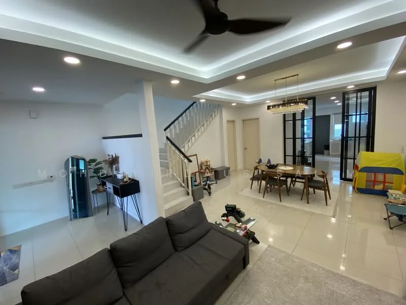Living features: grey fabric sofa, coffee table, dining table with chairs, pendant light fixture, recessed LED downlights, tray ceiling, large windows, white walls, tile flooring, ceiling fan; style: modern. Room features: staircase with white railing, decorative wall art, children's play area with colorful tent.