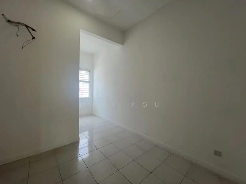 Room features: white painted walls, glossy ceramic tile flooring, window with horizontal slats, natural light from window, plain ceiling.