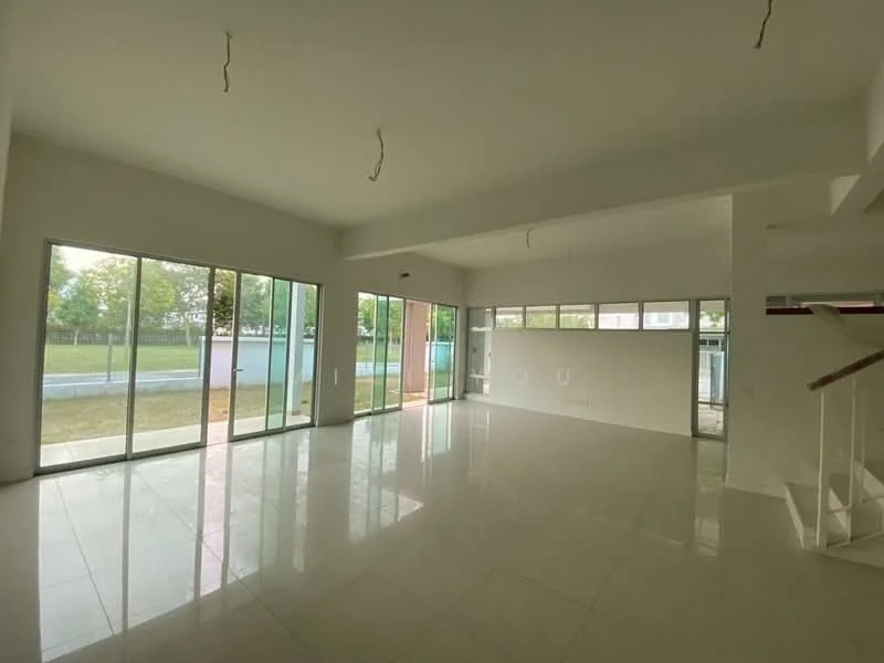 Living features: large floor-to-ceiling windows, white painted walls, polished ceramic tile flooring, high ceiling, open layout, natural light, view of greenery, no visible furniture; style: modern; view: garden.