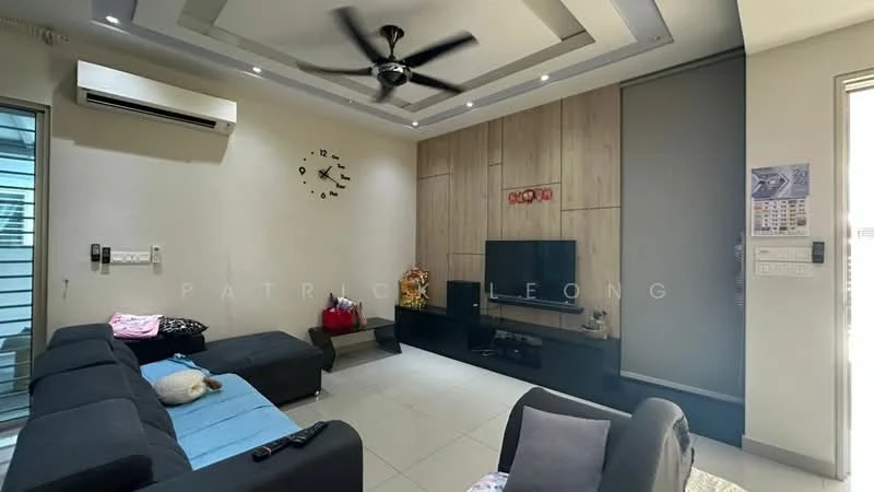 Living features: 5-blade ceiling fan with integrated LED light, wall-mounted TV, black TV console, light grey wall with wood paneling, cream painted walls, white ceiling with recessed lighting, large window with sheer curtains, light-colored floor tiles, decorative wall clock, sofa in dark fabric, blue throw blanket on sofa, decorative items on console; style: modern.