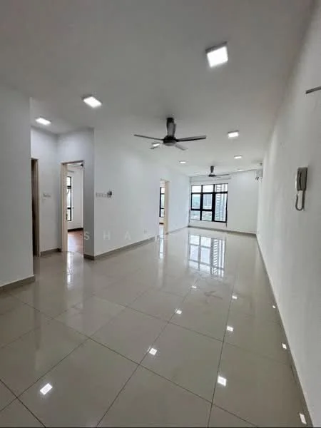 Living features: white painted walls, glossy ceramic tile flooring, recessed LED downlights, 5-blade ceiling fan, large windows, sliding glass door, neutral color scheme, open layout; style: modern; view: city.