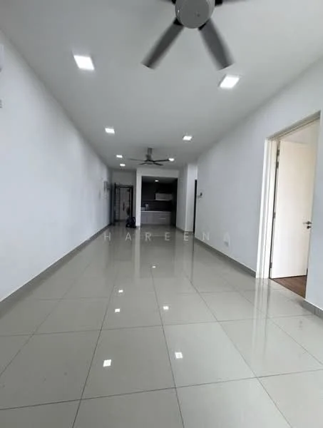 Room features: white painted walls, polished ceramic tile flooring, recessed LED downlights, 5-blade ceiling fan, open layout, doorway leading to kitchen, doorway leading to other rooms; style: modern.