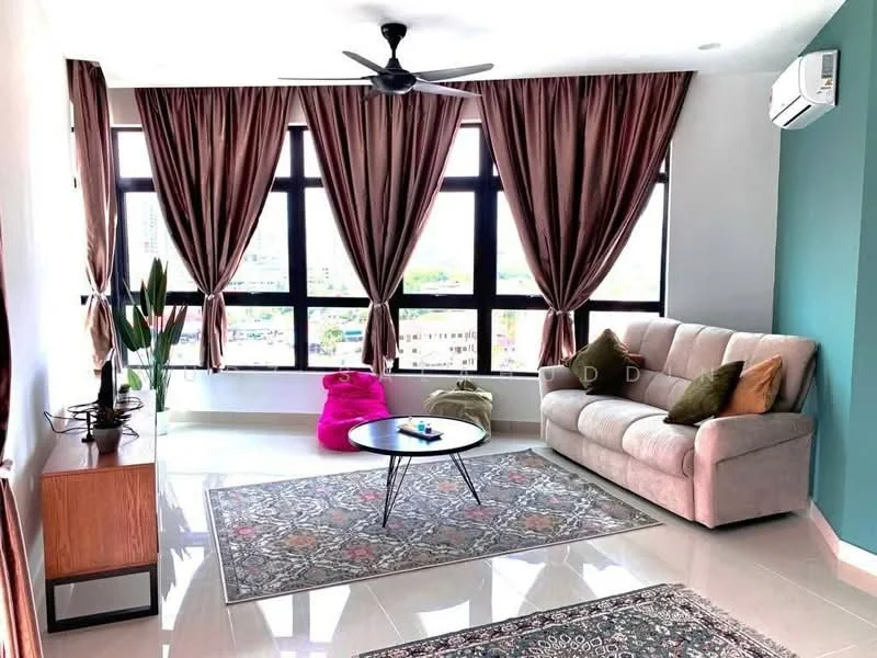 Living features: 3-seater fabric sofa in light beige, coffee table with round glass top, area rug with intricate pattern, floor-to-ceiling windows, sheer curtains in brown, dark brown curtains, wall-mounted split AC, decorative plant in ceramic pot, accent wall in teal, ceiling fan with light, decorative cushions in various colors; style: modern; view: city.