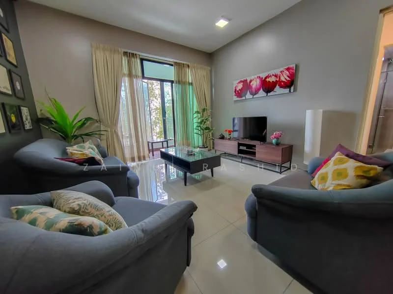 Living features: 2-seater fabric sofa in grey, 3-seater fabric sofa in grey, coffee table, wall-mounted TV, decorative wall art with floral design, large windows with sheer curtains, ceramic tile flooring, potted plants, area rug with geometric pattern, recessed ceiling lights; style: modern; view: garden.