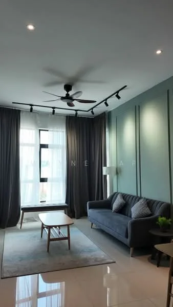 Living features: 3-seater fabric sofa in grey, coffee table, area rug, floor-to-ceiling windows, sheer curtains, dark grey curtains, 5-blade ceiling fan with light, track lighting, green accent wall, white walls, decorative plants; style: modern; view: city.