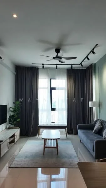 Living features: 3-seater fabric sofa in grey, coffee table, TV console, wall-mounted TV, area rug, floor-to-ceiling windows, sheer curtains, blackout curtains, 5-blade ceiling fan, recessed LED downlights, light grey painted walls, tile flooring; style: modern; view: city.